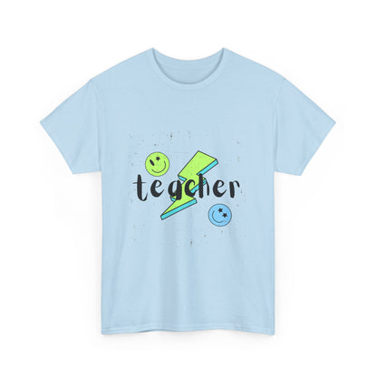 Teacher Lightning Bolt T‑Shirt — Cute Smiley Faces Teacher Tee (Back Plain)