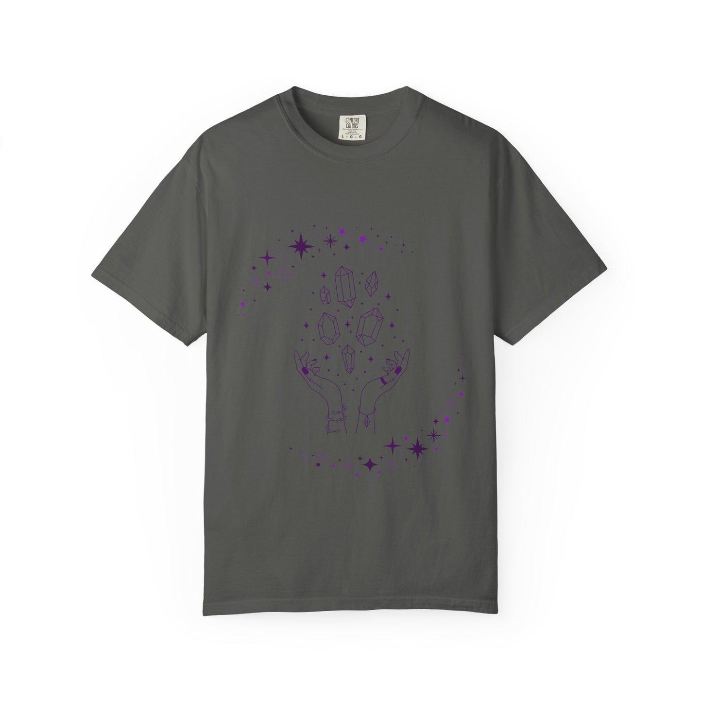 Crystal Reading T-Shirt — Mystical Hands, Floating Crystals & Stars Tee