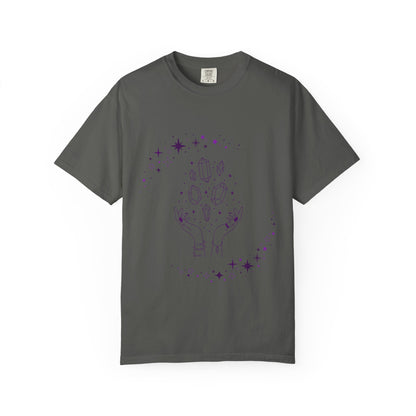 Crystal Reading T-Shirt — Mystical Hands, Floating Crystals & Stars Tee