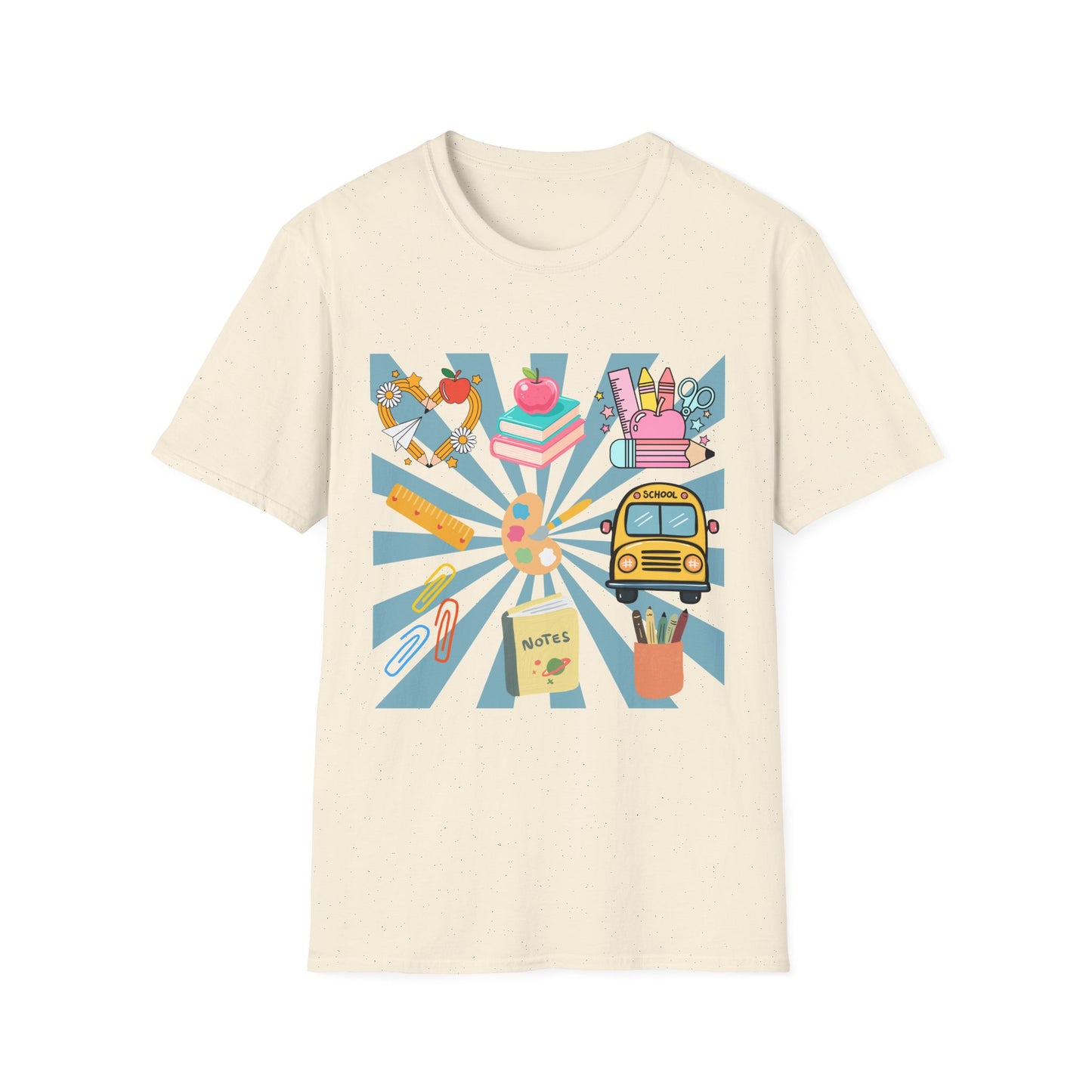 Back to School Graphic T-Shirt — Colorful School Icons (Apple, Bus, Books)