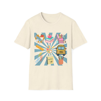 Back to School Graphic T-Shirt — Colorful School Icons (Apple, Bus, Books)