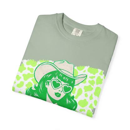 Howdy Cowgirl Graphic T-Shirt — Retro Neon Green Leopard Print with “howdy” Script