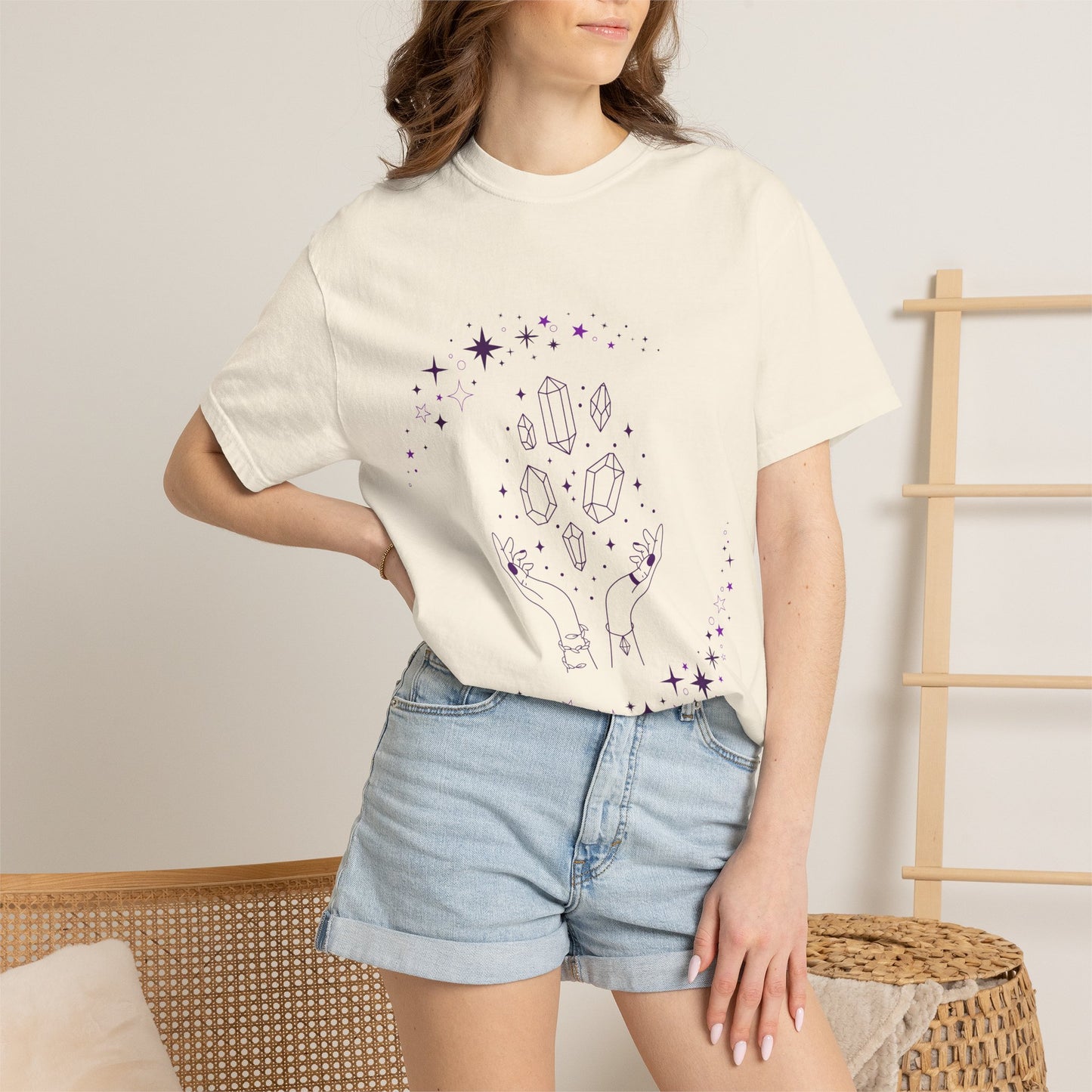 Crystal Reading T-Shirt — Mystical Hands, Floating Crystals & Stars Tee