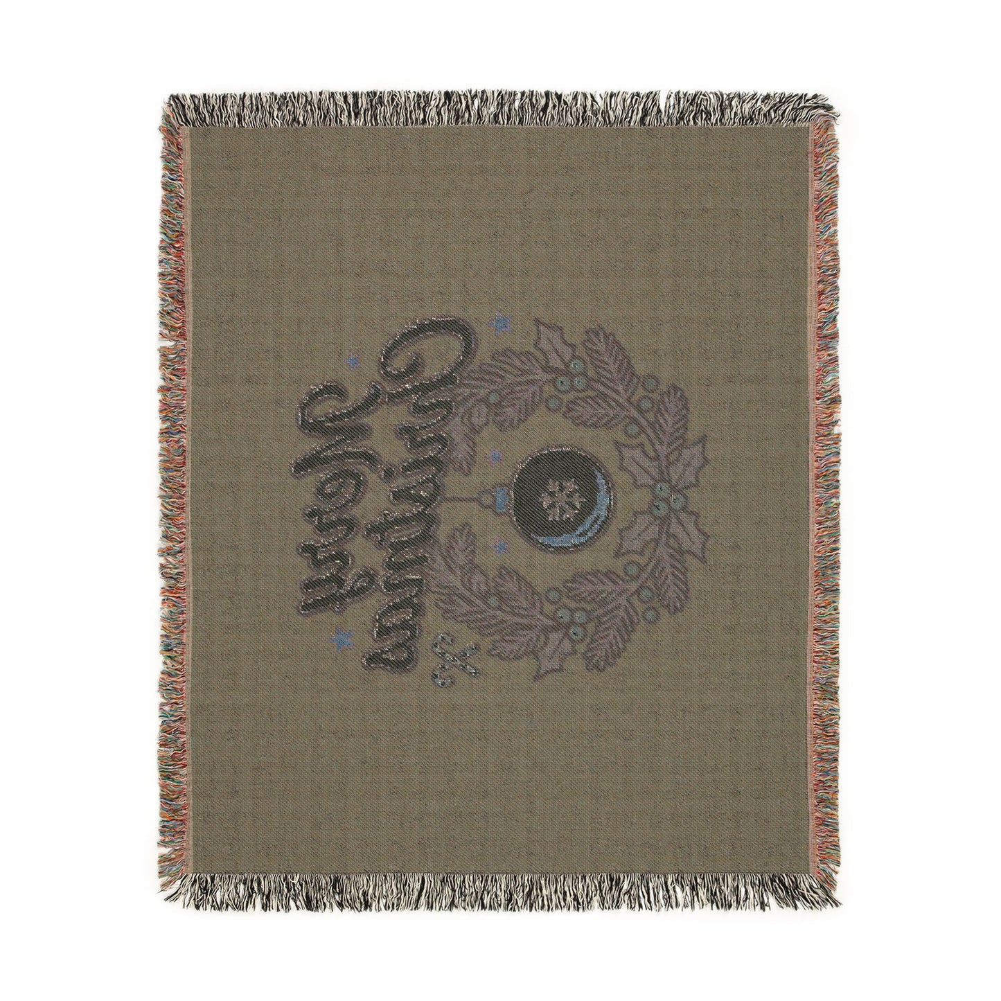 Merry Christmas Woven Throw Blanket — Holiday Wreath & Ornament Design