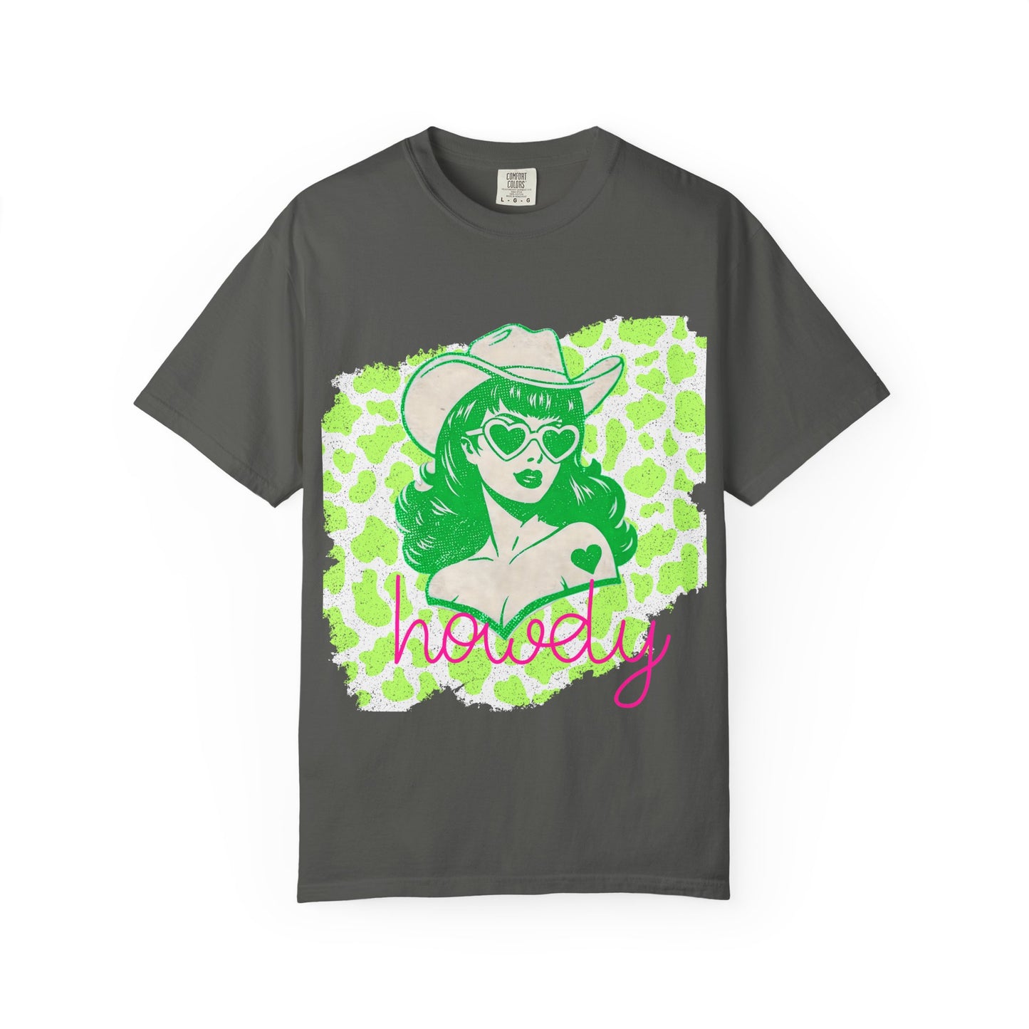 Howdy Cowgirl Graphic T-Shirt — Retro Neon Green Leopard Print with “howdy” Script