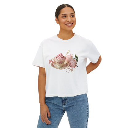 Vintage Teacup & Roses Boxy Tee — Floral Tea Party Graphic Shirt