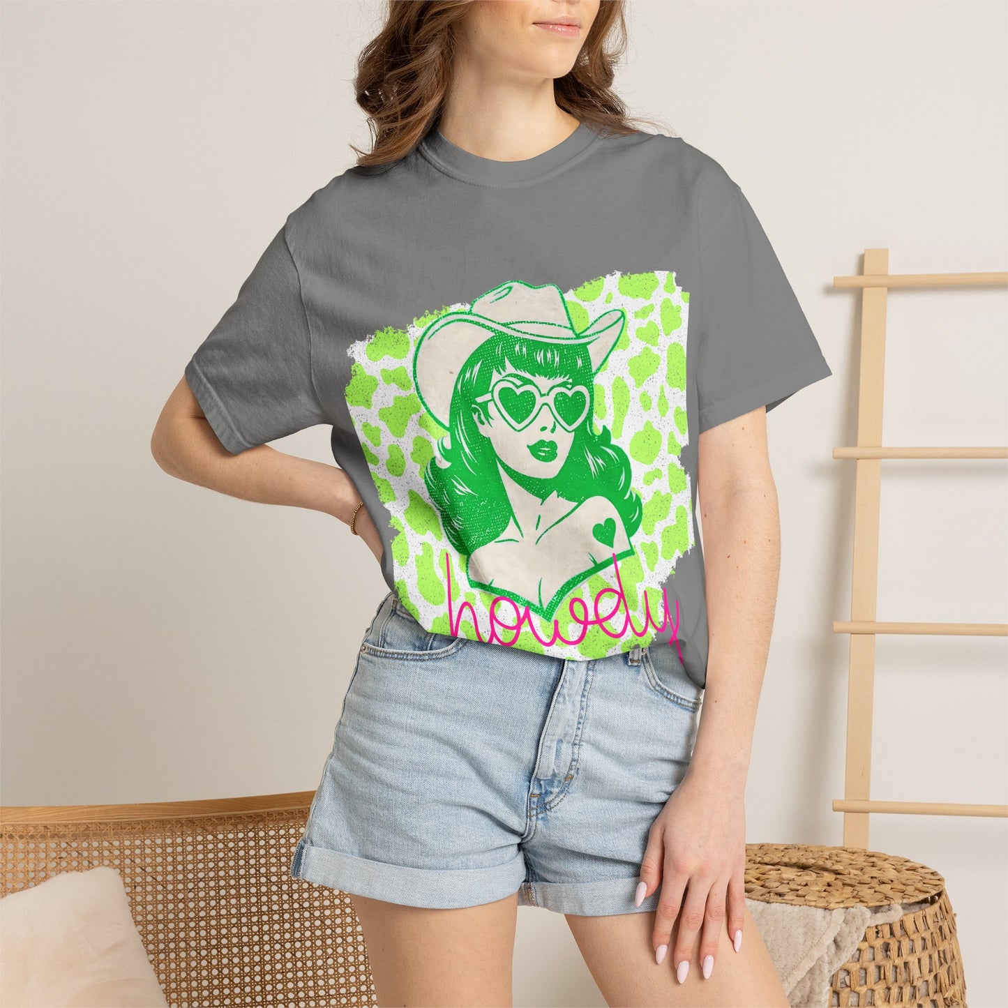 Howdy Cowgirl Graphic T-Shirt — Retro Neon Green Leopard Print with “howdy” Script
