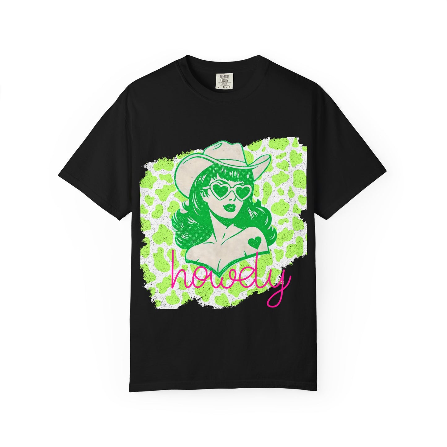 Howdy Cowgirl Graphic T-Shirt — Retro Neon Green Leopard Print with “howdy” Script