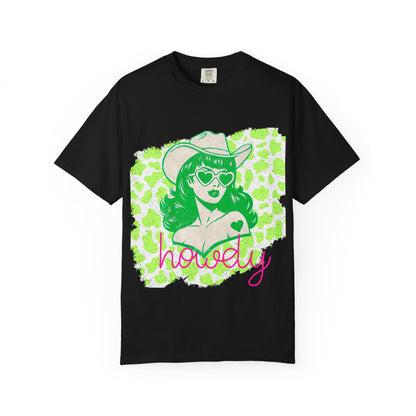 Howdy Cowgirl Graphic T-Shirt — Retro Neon Green Leopard Print with “howdy” Script