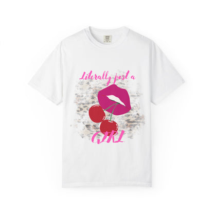 Graphic T-Shirt — "Literally Just a Girl" Pink Lips & Cherries Tee