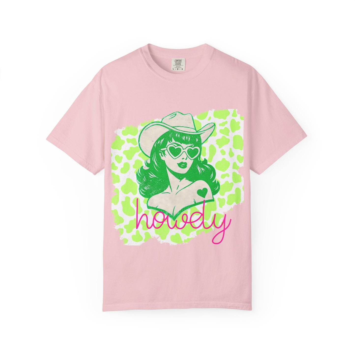 Howdy Cowgirl Graphic T-Shirt — Retro Neon Green Leopard Print with “howdy” Script