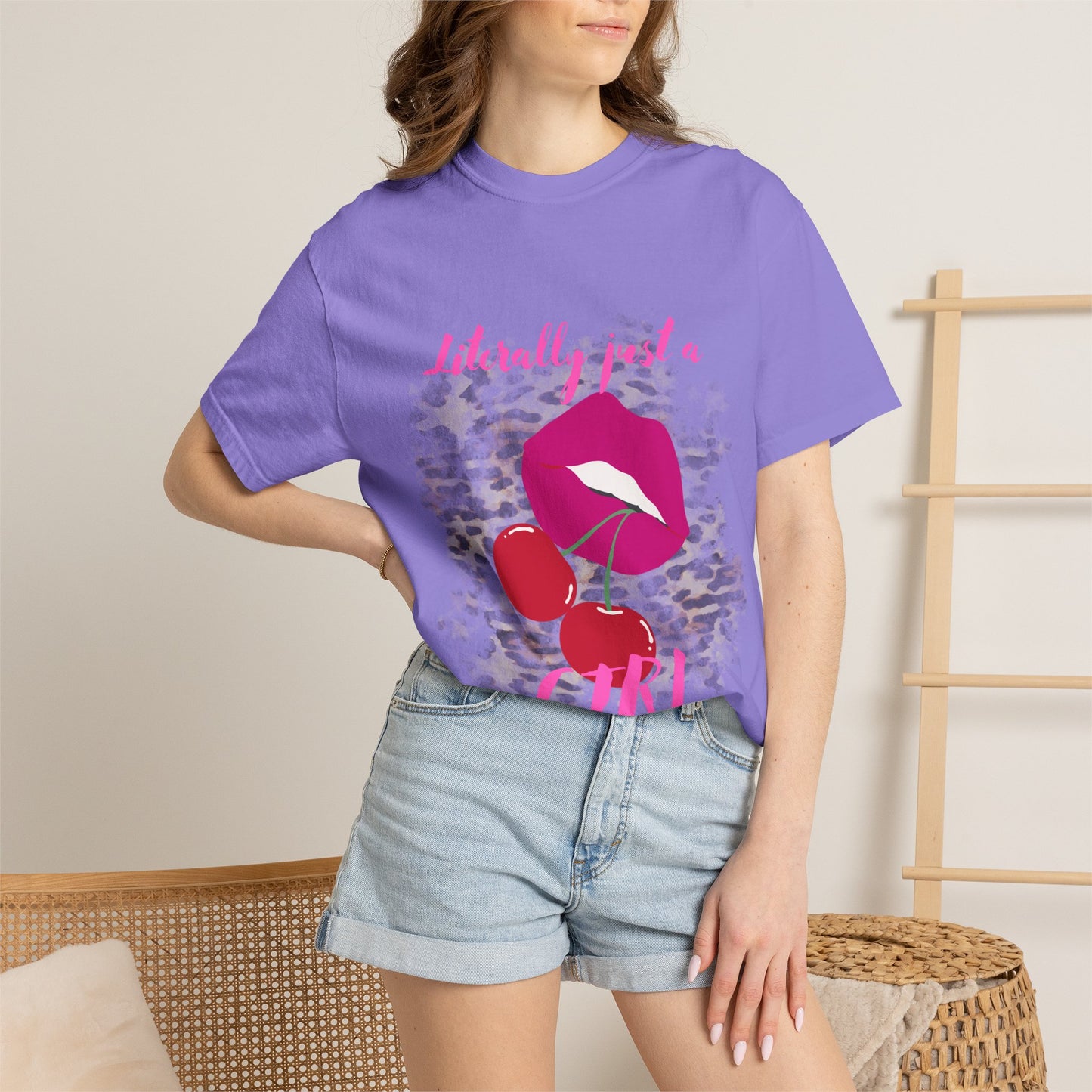 Graphic T-Shirt — "Literally Just a Girl" Pink Lips & Cherries Tee