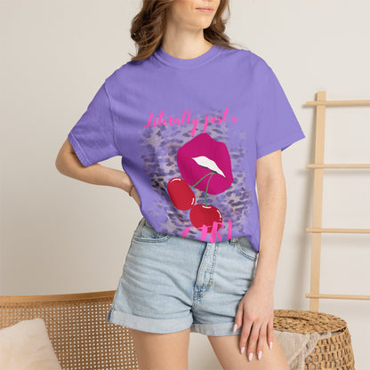 Graphic T-Shirt — "Literally Just a Girl" Pink Lips & Cherries Tee