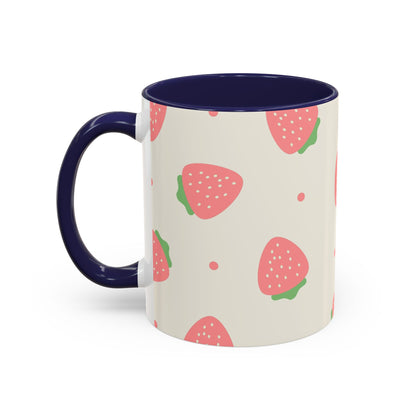Strawberry Pattern Accent Coffee Mug — Cute Pink Fruit Ceramic Mug (11/15oz)