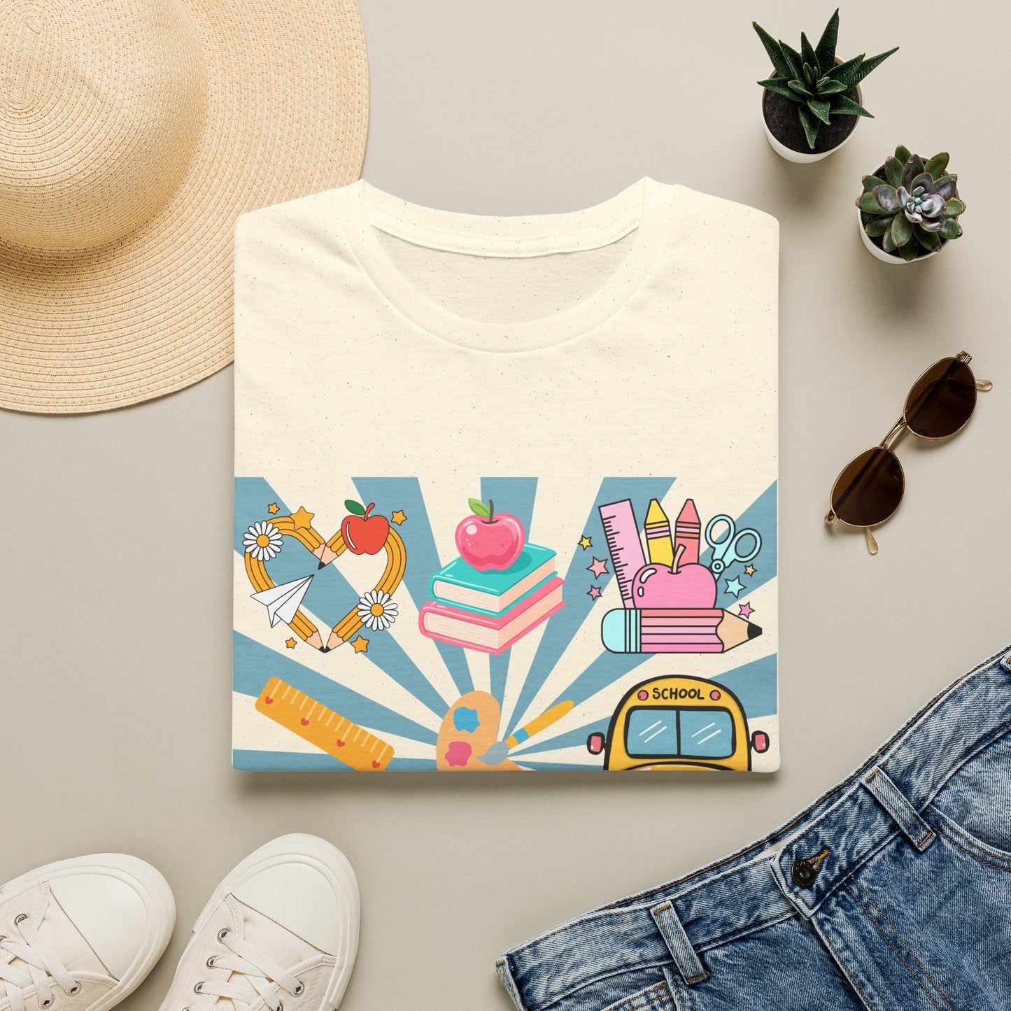 Back to School Graphic T-Shirt — Colorful School Icons (Apple, Bus, Books)