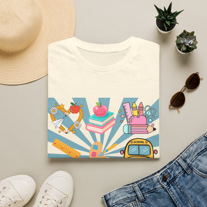 Back to School Graphic T-Shirt — Colorful School Icons (Apple, Bus, Books)