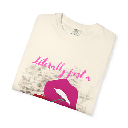 Graphic T-Shirt — "Literally Just a Girl" Pink Lips & Cherries Tee