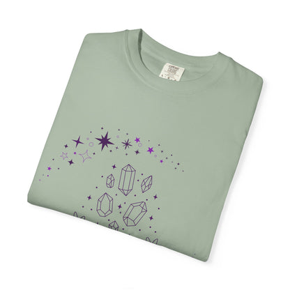 Crystal Reading T-Shirt — Mystical Hands, Floating Crystals & Stars Tee