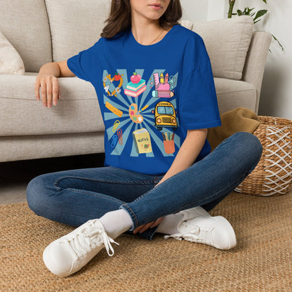 Back to School Graphic T-Shirt — Colorful School Icons (Apple, Bus, Books)