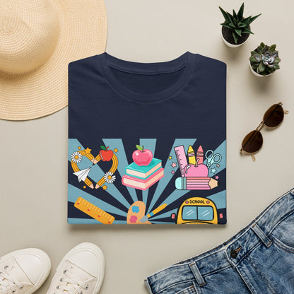 Back to School Graphic T-Shirt — Colorful School Icons (Apple, Bus, Books)