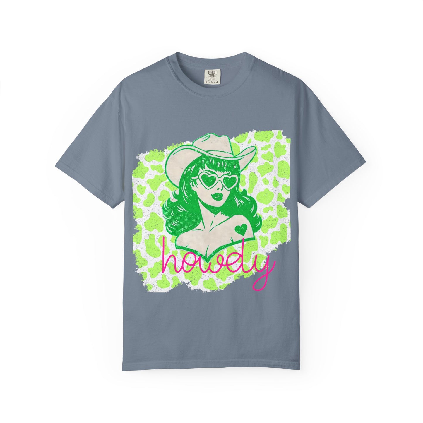 Howdy Cowgirl Graphic T-Shirt — Retro Neon Green Leopard Print with “howdy” Script