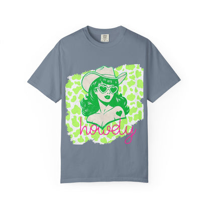 Howdy Cowgirl Graphic T-Shirt — Retro Neon Green Leopard Print with “howdy” Script