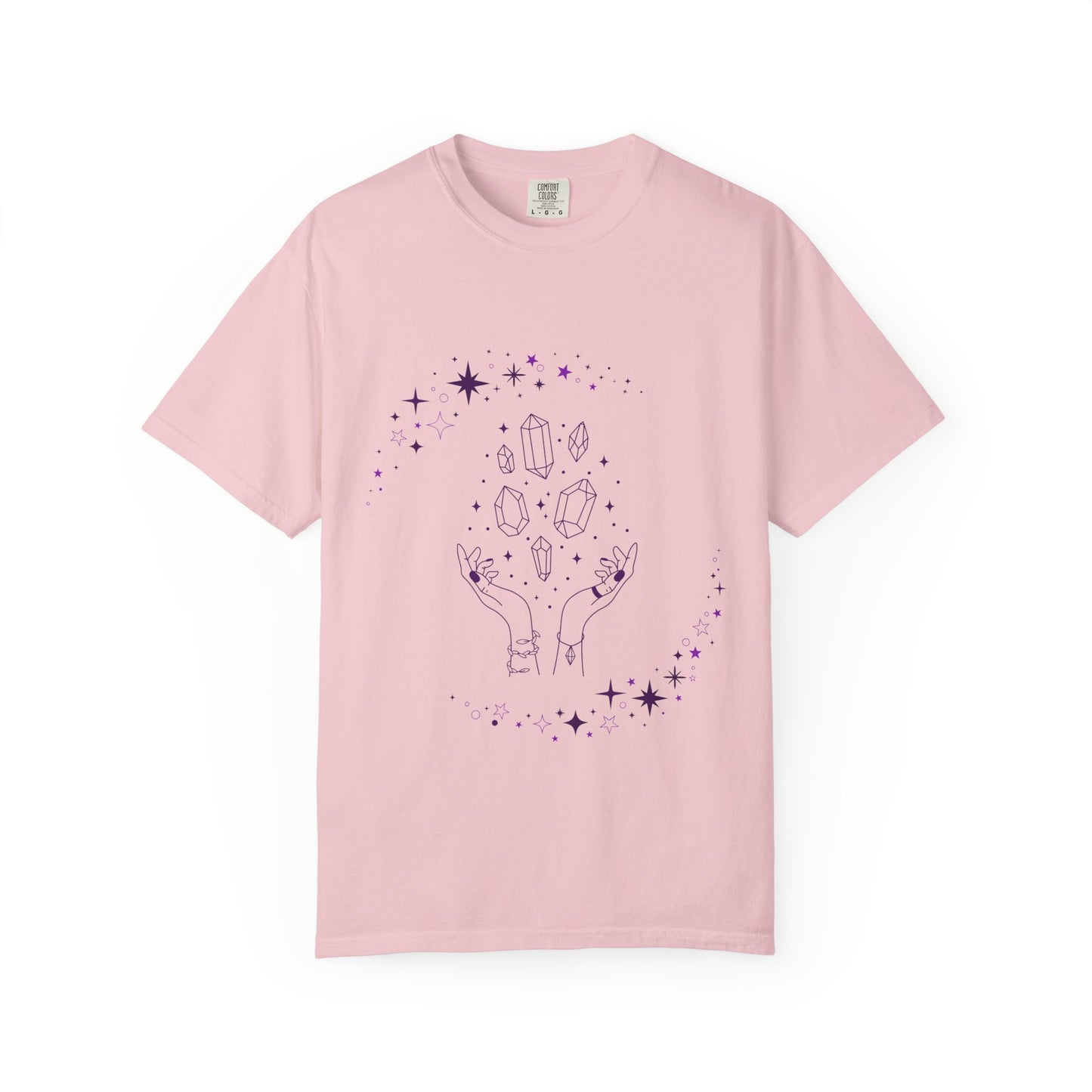 Crystal Reading T-Shirt — Mystical Hands, Floating Crystals & Stars Tee