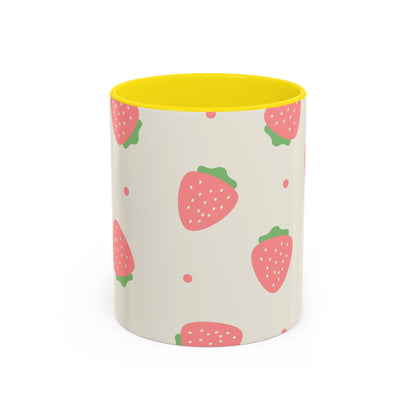 Strawberry Pattern Accent Coffee Mug — Cute Pink Fruit Ceramic Mug (11/15oz)