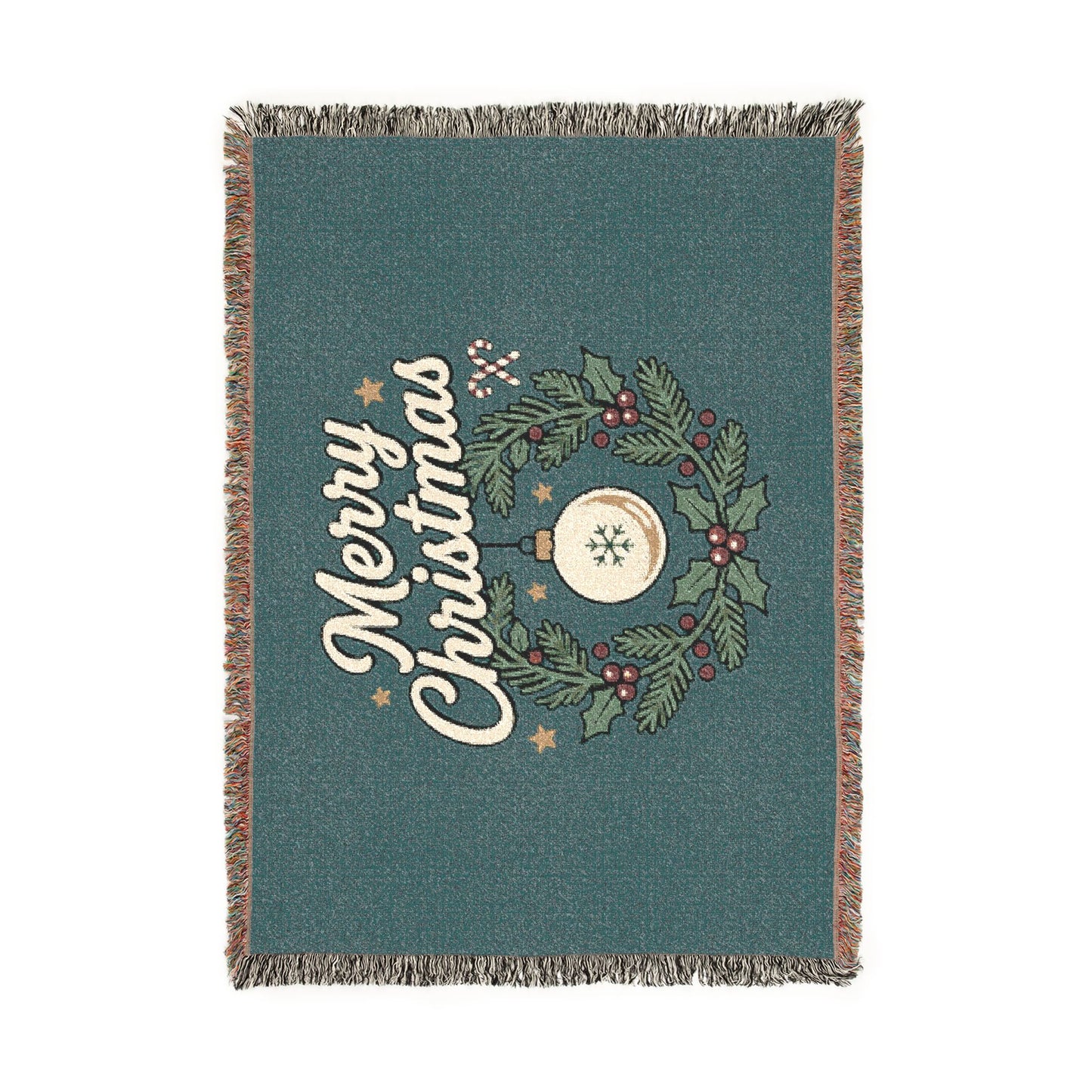 Merry Christmas Woven Throw Blanket — Holiday Wreath & Ornament Design