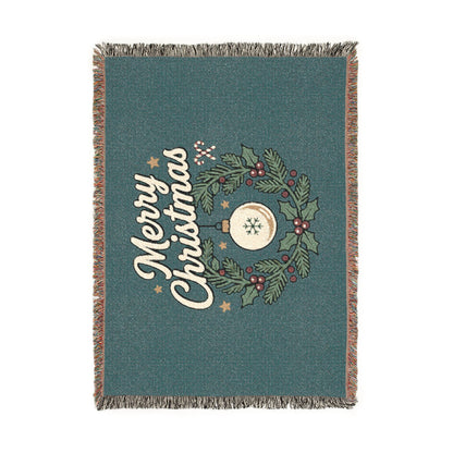 Merry Christmas Woven Throw Blanket — Holiday Wreath & Ornament Design