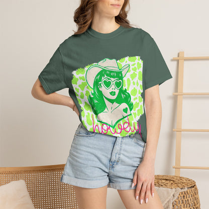 Howdy Cowgirl Graphic T-Shirt — Retro Neon Green Leopard Print with “howdy” Script
