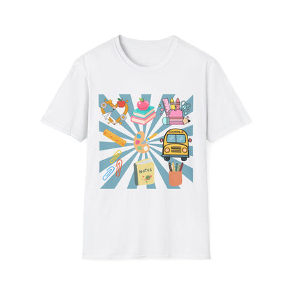 Back to School Graphic T-Shirt — Colorful School Icons (Apple, Bus, Books)