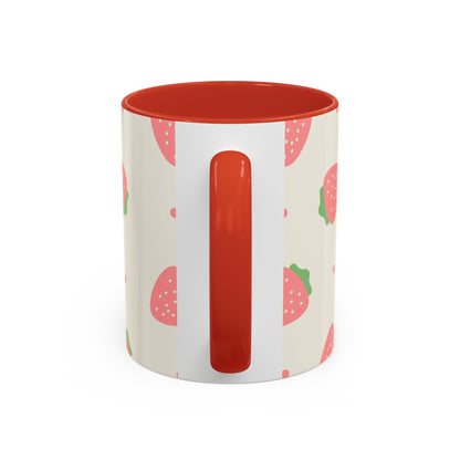 Strawberry Pattern Accent Coffee Mug — Cute Pink Fruit Ceramic Mug (11/15oz)