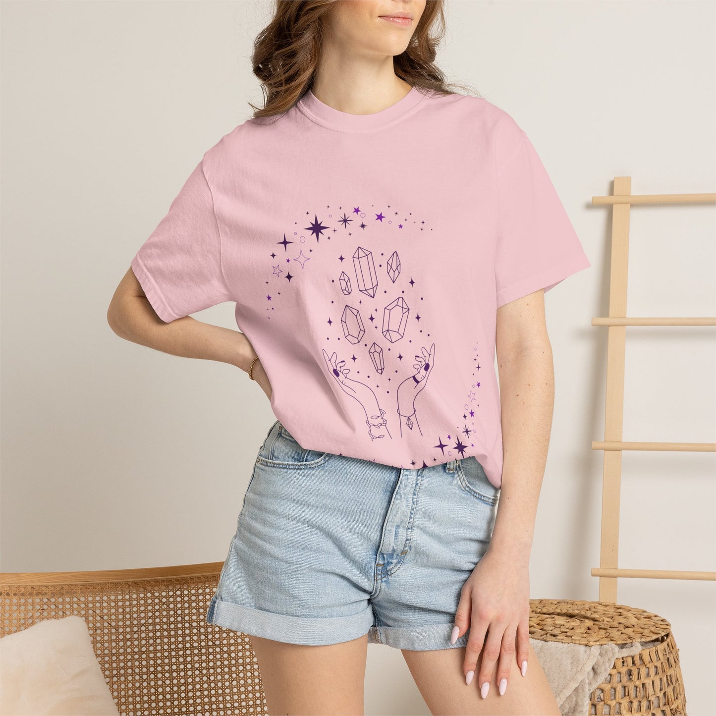 Crystal Reading T-Shirt — Mystical Hands, Floating Crystals & Stars Tee