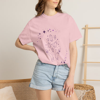 Crystal Reading T-Shirt — Mystical Hands, Floating Crystals & Stars Tee