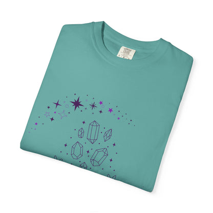 Crystal Reading T-Shirt — Mystical Hands, Floating Crystals & Stars Tee