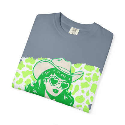 Howdy Cowgirl Graphic T-Shirt — Retro Neon Green Leopard Print with “howdy” Script