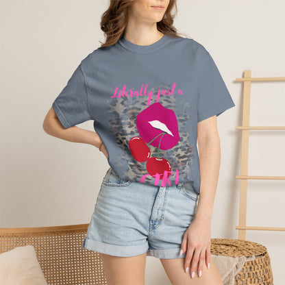 Graphic T-Shirt — "Literally Just a Girl" Pink Lips & Cherries Tee