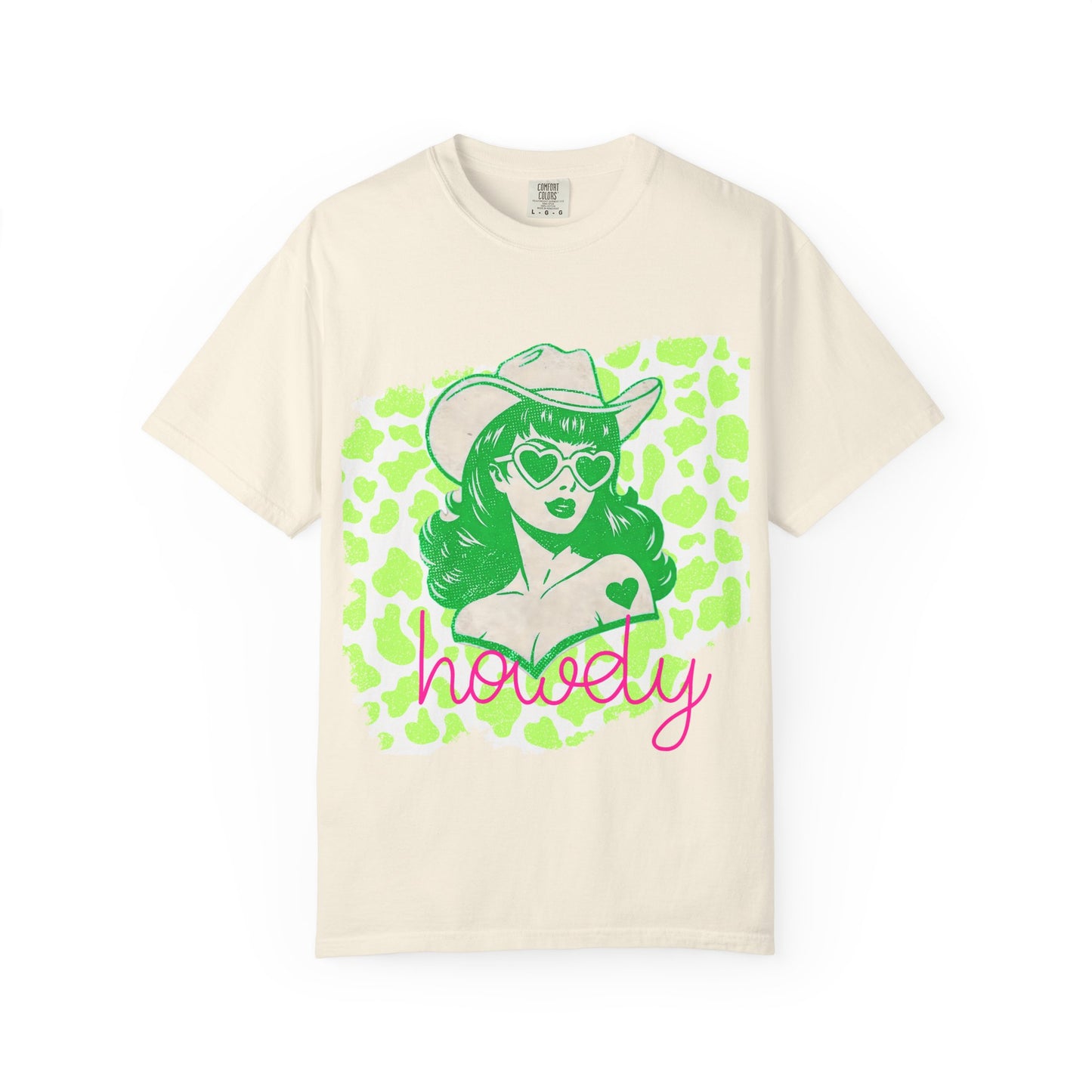 Howdy Cowgirl Graphic T-Shirt — Retro Neon Green Leopard Print with “howdy” Script