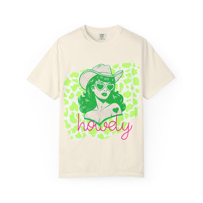 Howdy Cowgirl Graphic T-Shirt — Retro Neon Green Leopard Print with “howdy” Script