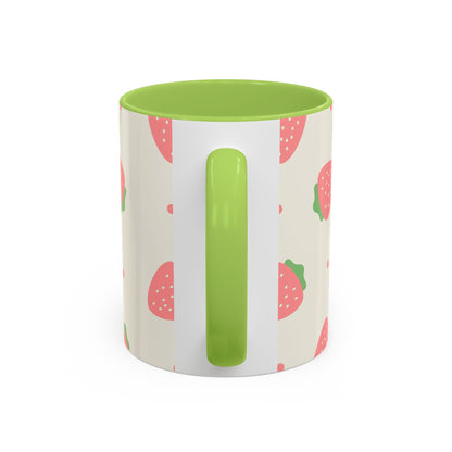 Strawberry Pattern Accent Coffee Mug — Cute Pink Fruit Ceramic Mug (11/15oz)
