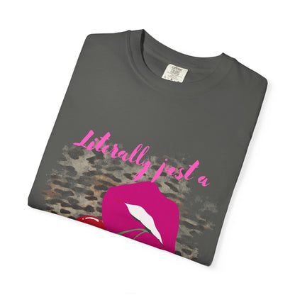 Graphic T-Shirt — "Literally Just a Girl" Pink Lips & Cherries Tee