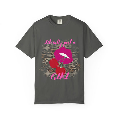 Graphic T-Shirt — "Literally Just a Girl" Pink Lips & Cherries Tee