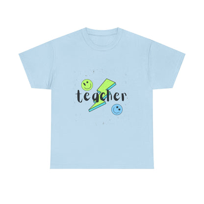 Teacher Lightning Bolt T‑Shirt — Cute Smiley Faces Teacher Tee (Back Plain)