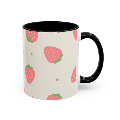 Strawberry Pattern Accent Coffee Mug — Cute Pink Fruit Ceramic Mug (11/15oz)