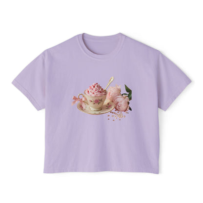 Vintage Teacup & Roses Boxy Tee — Floral Tea Party Graphic Shirt