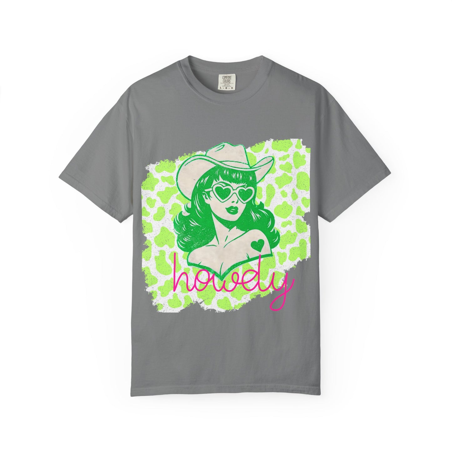 Howdy Cowgirl Graphic T-Shirt — Retro Neon Green Leopard Print with “howdy” Script