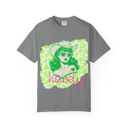 Howdy Cowgirl Graphic T-Shirt — Retro Neon Green Leopard Print with “howdy” Script