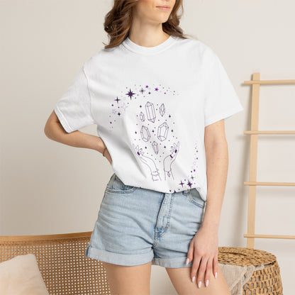 Crystal Reading T-Shirt — Mystical Hands, Floating Crystals & Stars Tee