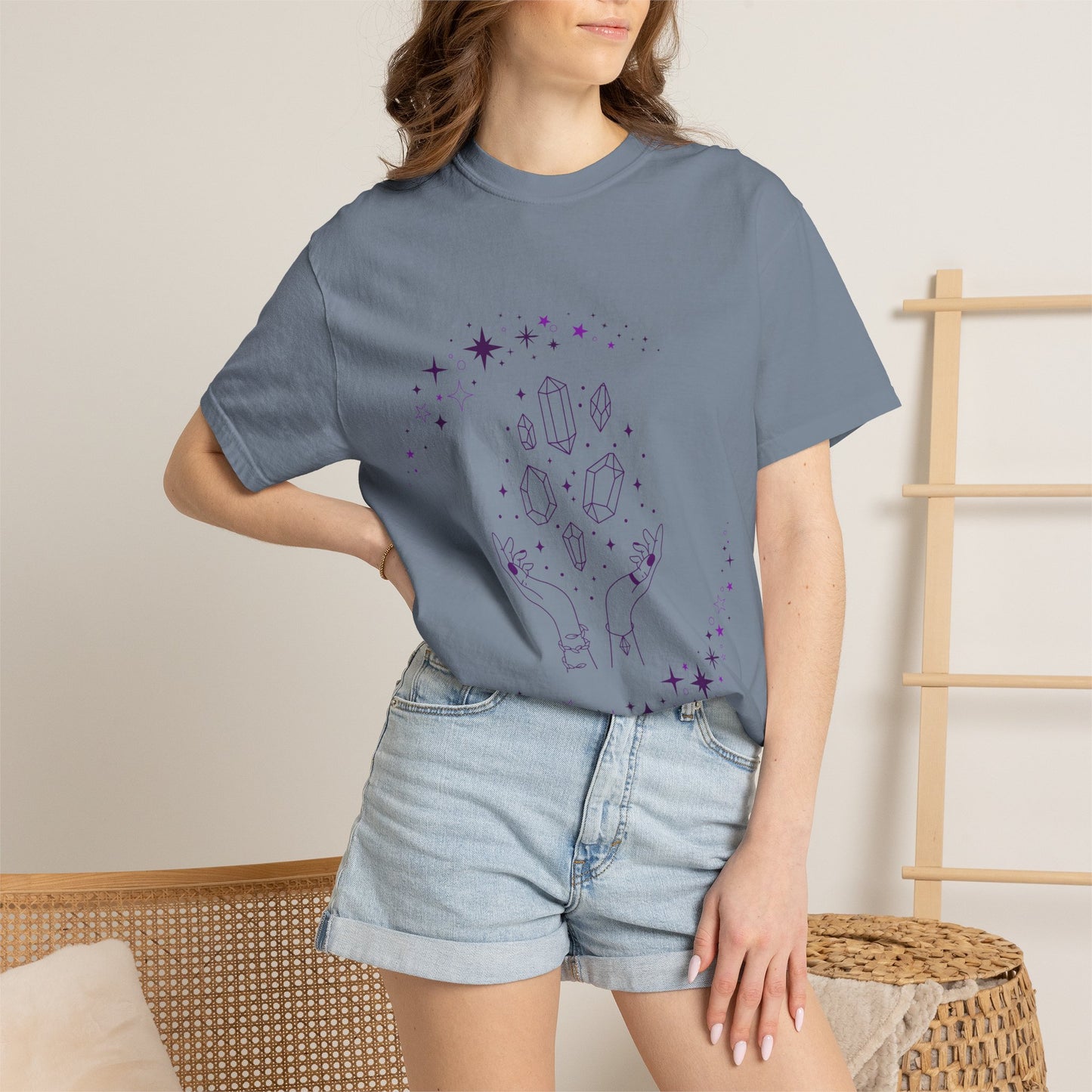 Crystal Reading T-Shirt — Mystical Hands, Floating Crystals & Stars Tee